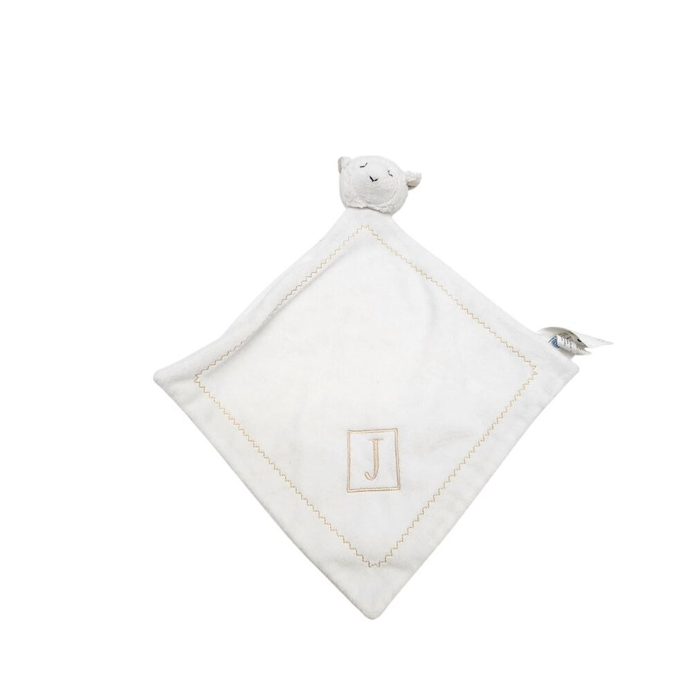 Pottery Barn Baby Lovey Blanket With Lamb Plush Head & Monogrammed "J" White 15"